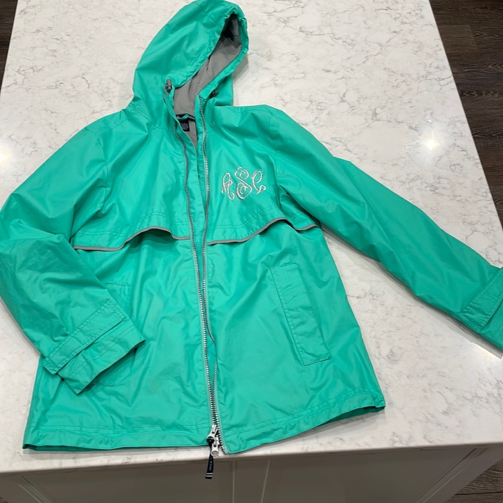 Women’s Small lightweight rain coat, lined, mint/aqua, monogrammed aSc in silver